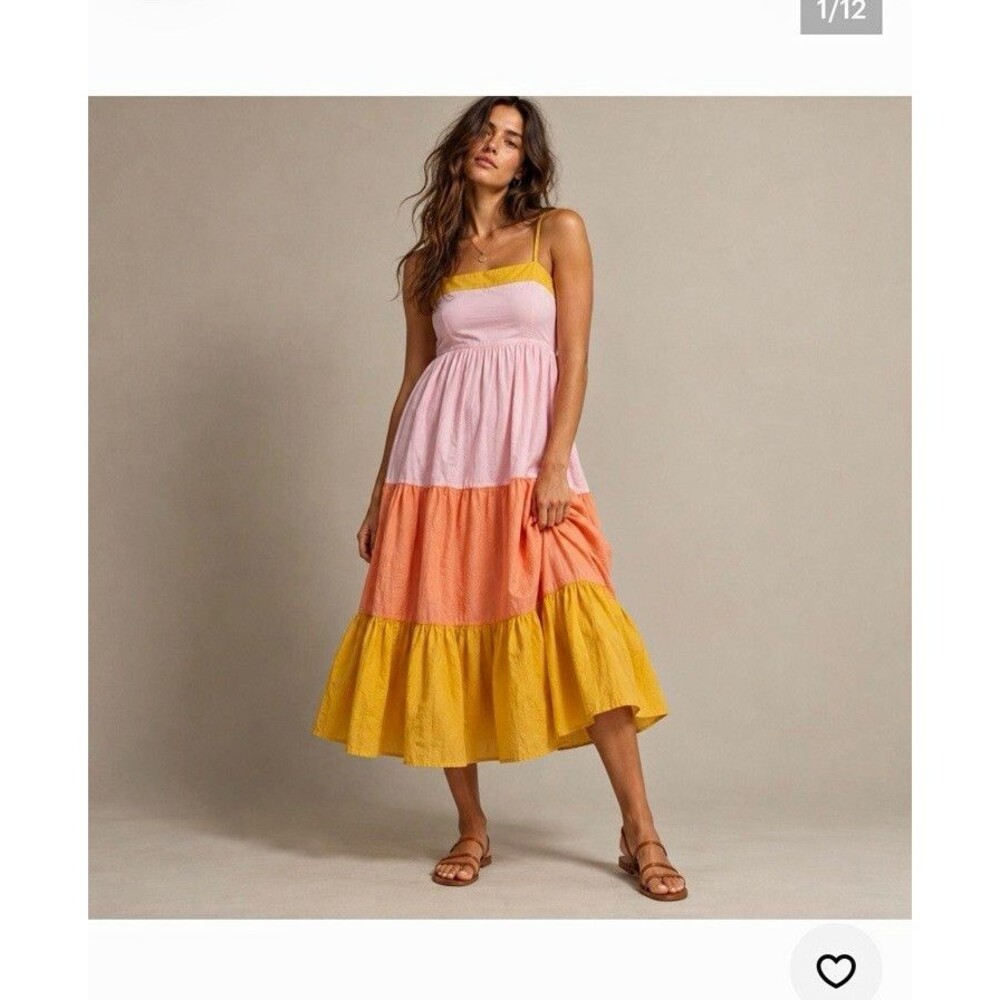 J.CREW Colorblock Tiered Smocked Lined Midi Sundress Spaghetti Strap 14